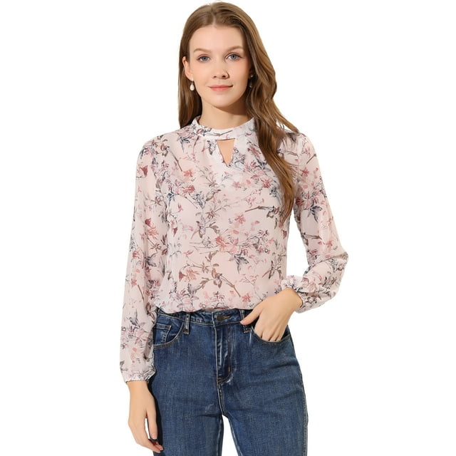 Unique Bargains Femmes Floral Semi Transparent Trou de Serrure Chemisiers Stand Col Puff Manches Longues Tops