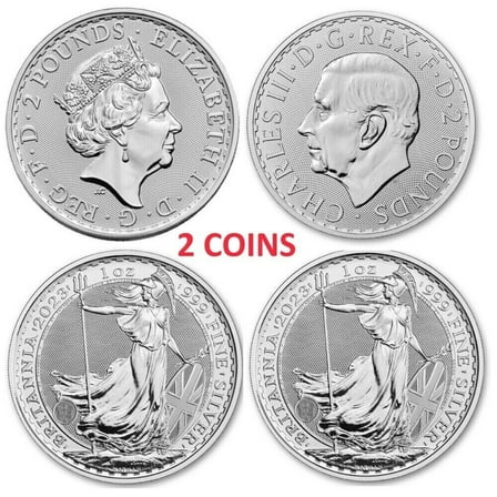 Lot of 2 - 2023 U.K. 2 Pound 1 oz .999 Fine Silver King and Queen Britannia BU