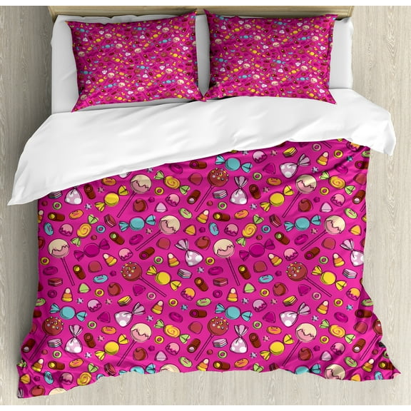 Dessert Duvet Cover Set, Spiral Candies Lollipop Ice Cream Bakery Cupcakes Birthday Cartoon, Decorative 3 Piece Bedding Set with 2 Pillow Shams, Calking Size, Magenta and Multicolor, by Ambesonne