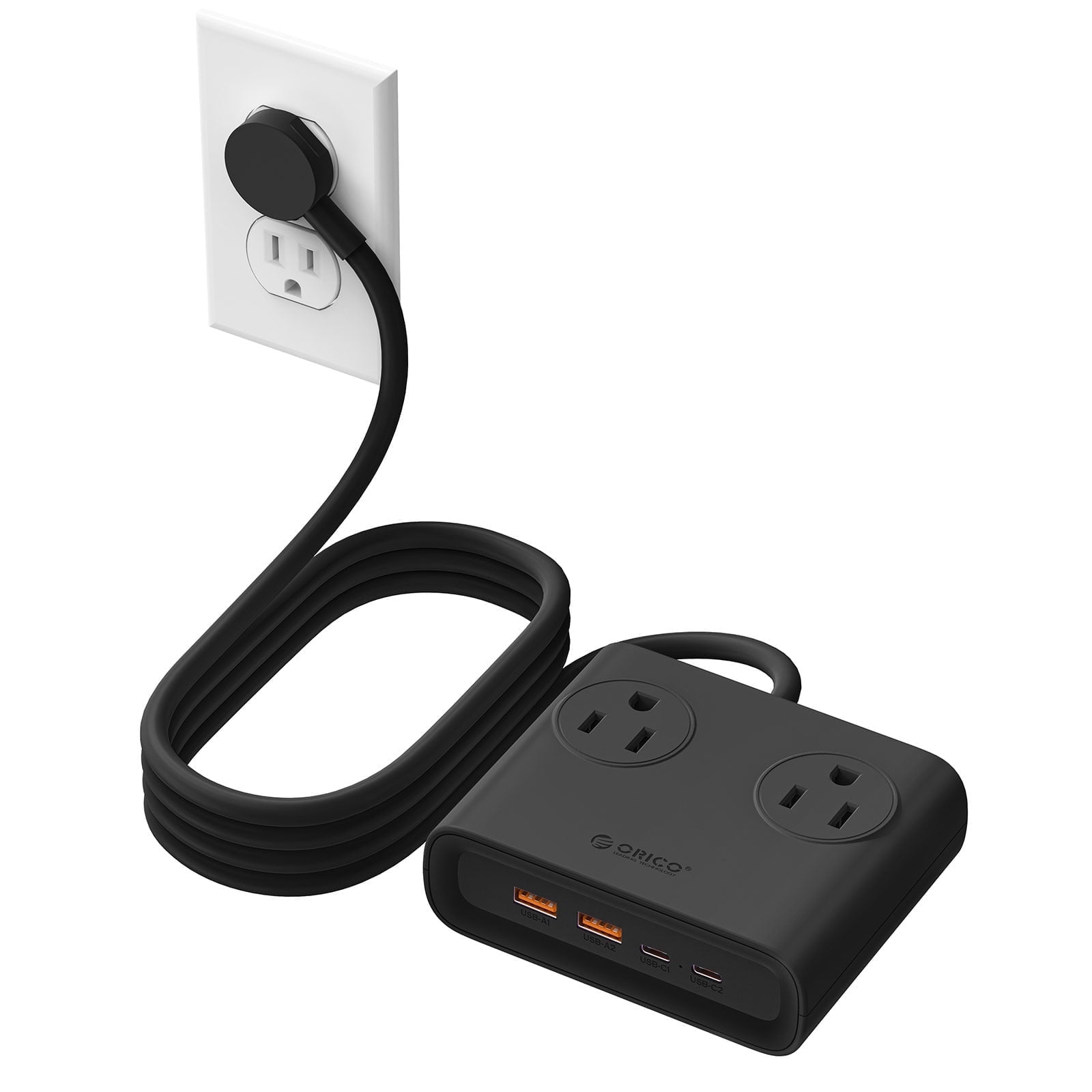 ORICO 25W GaN 8-in-1 Power Strip with 4 AC Outlets & 4 USB Ports (USB-A/USB-C), 5ft Flat Plug Outlet Extender for Home Office Travel(BLACK)