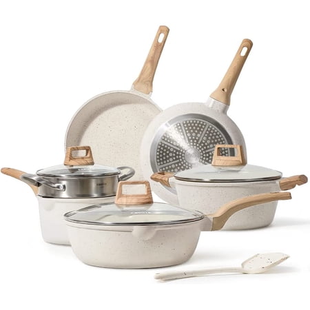 CAROTE Pots and Pans Set Nonstick, White Granite Induction Kitchen Cookware Sets, 10 Pcs Non Stick Cooking Set w/Frying Pans & Saucepans(PFOS, PFOA Free)