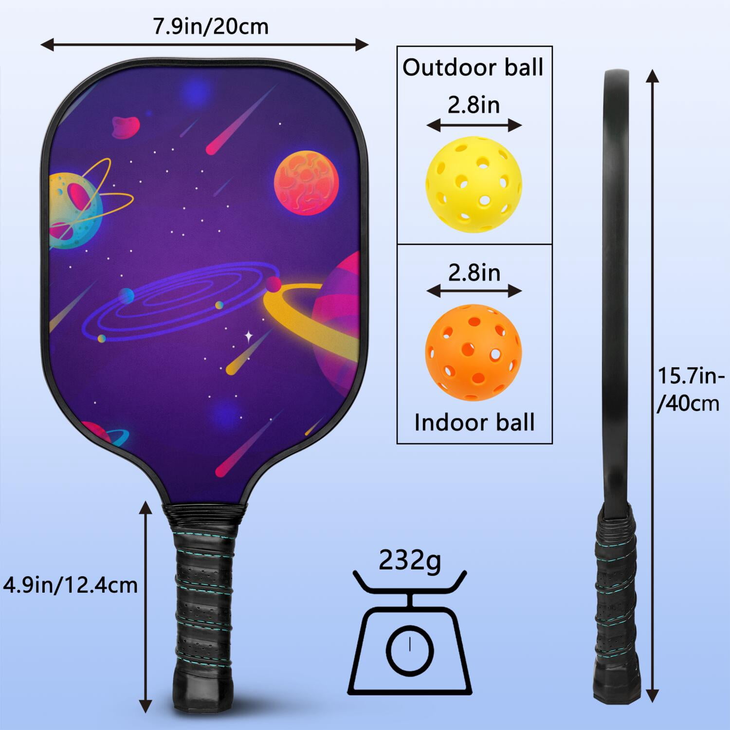 Pickleball Paddles Set Of 2, Fiberglass Surface, Galaxy Print, 4 Balls & Bag