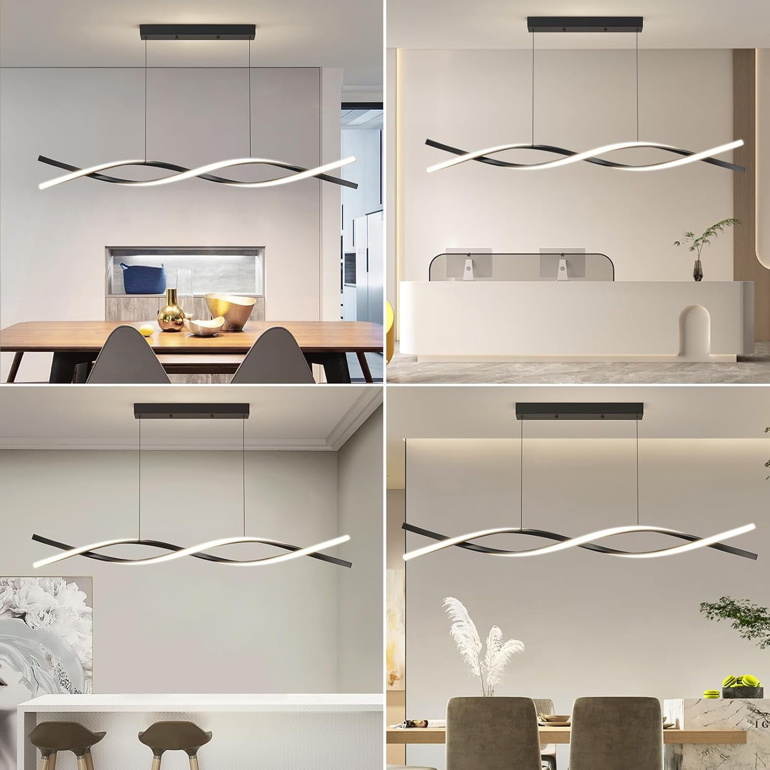 47inch Black Chandelier Modern Ceiling Wave Pendant Light Fixtures Hanging LED Color Temperature and Height Adjustable Chandeliers for Dining Room, Living Room, Bedroom, Kitchen, Island