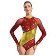 thumbnail image 2 of Nyeemya Women's Rhinestone Ballet Dance Leotard Long Sleeve Gymnastics Bodysuit Figure Skating Top Burgundy&Gold XL, 2 of 5