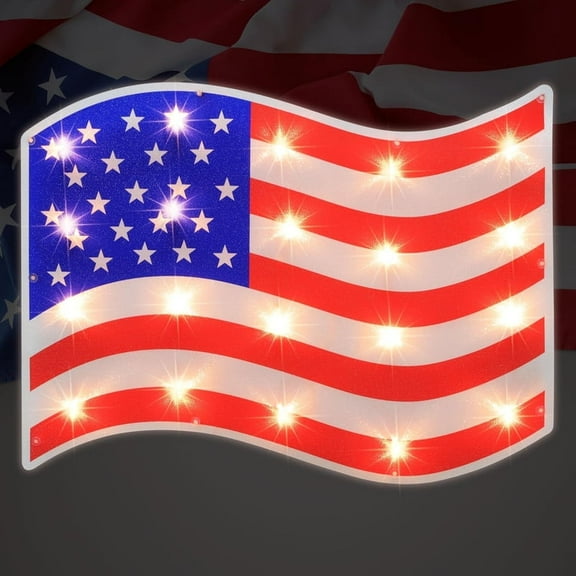 17.3'' Lighted Holographic American Flag Window Silhouette Decoration, 17 Inches, Red, White and Blue - Patriotic Decor