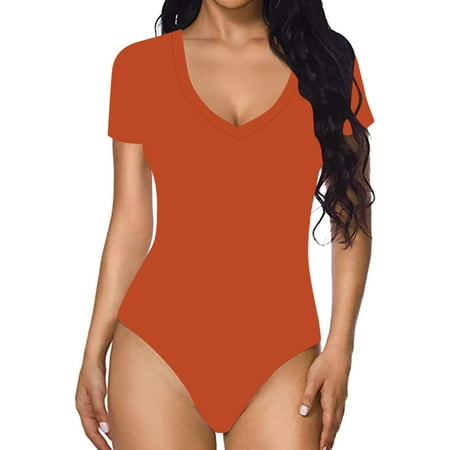 Jumpsuit Women Casual Sexy Tight Solid Color V Neck Short Sleeved Bodysuit Red Women S Polyester Jumpsuit S