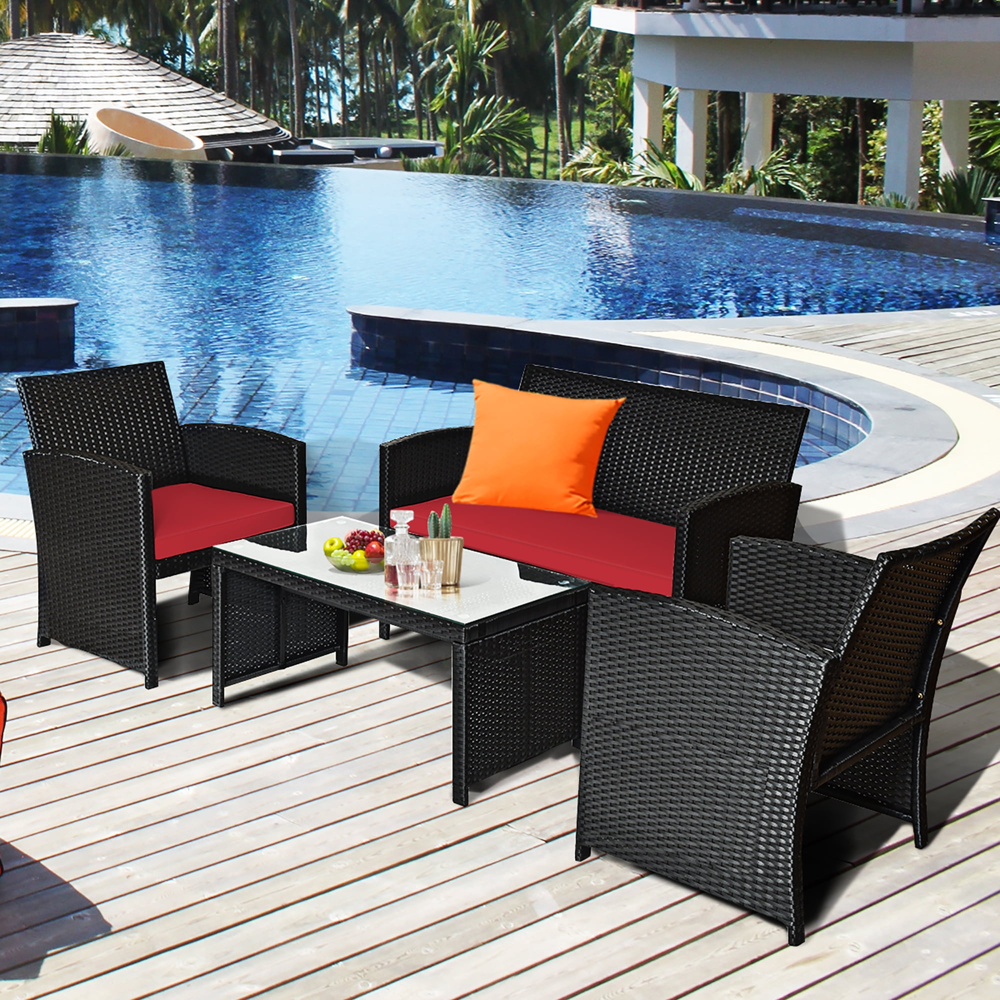Costway 8PCS Patio Rattan Furniture Conversation Set Cushion Sofa Table Garden Red