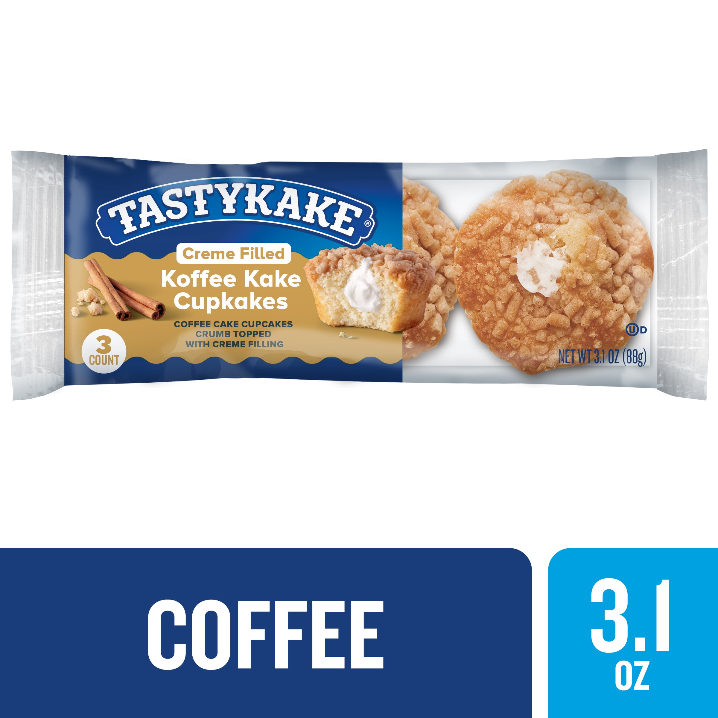 Tastykake Creme Filled Koffee Kake Cupcakes, Individually Wrapped Cupcakes, 3.125 Ounce., 3 Count