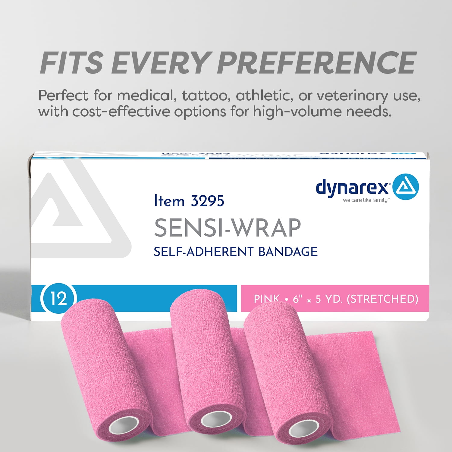 Dynarex Sensi-Wrap Self-Adhesive Bandages, 12-Pack, 6" x 5 yards, Pink, Latex, Colored Elastic Cohesive Athletic Tape, Tattoo Grip & Vet Wrap