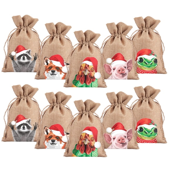 WIRESTER 10 Pieces Gift Bags Christmas Drawstring Bag Christmas Linen Fabric Drawstring Bag Washable Xmas Bag for Candy Wrapper Christmas Party Favor - Animals With Christmas Hat