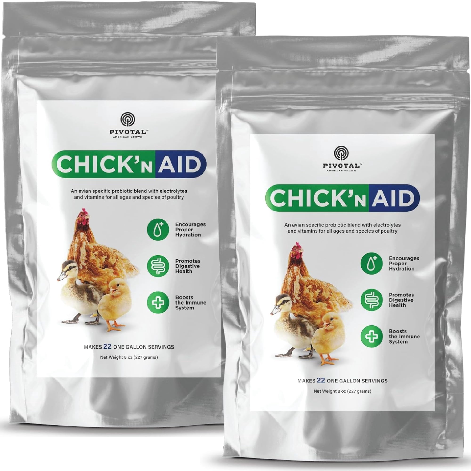 Pivotal Feeds Chick’n Aid Poultry Supplement 8 oz (Pack of 2) – Electrolytes, Probiotics & Vitamins for Chickens, Ducks & Turkeys | Supports Hydration, Gut Health & Immune Function | Made in USA