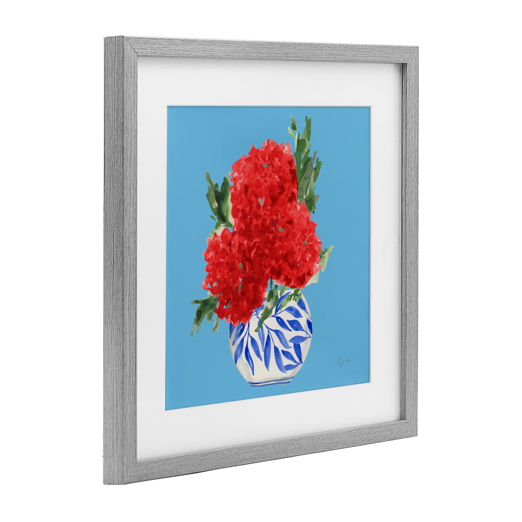Stupell Industries Red Hydrangeas Blue Vase Gray Framed Print Under Glass, design by Lucille Price