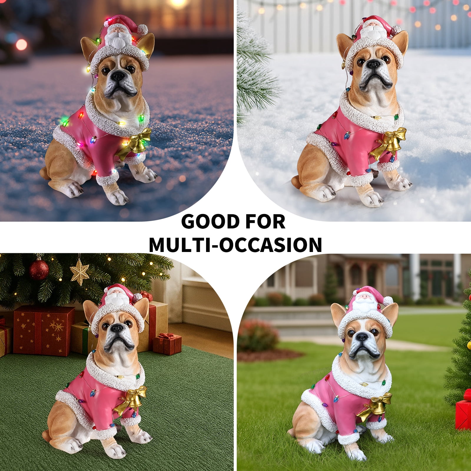 French Bulldog Pink Santa Outfit Christmas Dog Statue with Light Details Holiday Tabletop Decor
