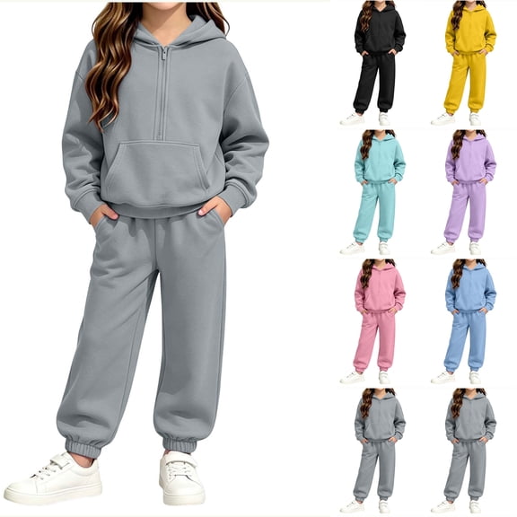 Husipze Sweatshirt and Jogger for Girl Quarter Zip Pullover Hoodies and Tapered Elastic Waist Joggers Fleece Two Piece Tracksuit Set Gray 5-6 Years