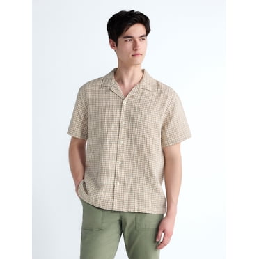 Free Assembly Men's Plaid Textured Cotton Camp Shirt with Short Sleeves, Sizes S-3XL