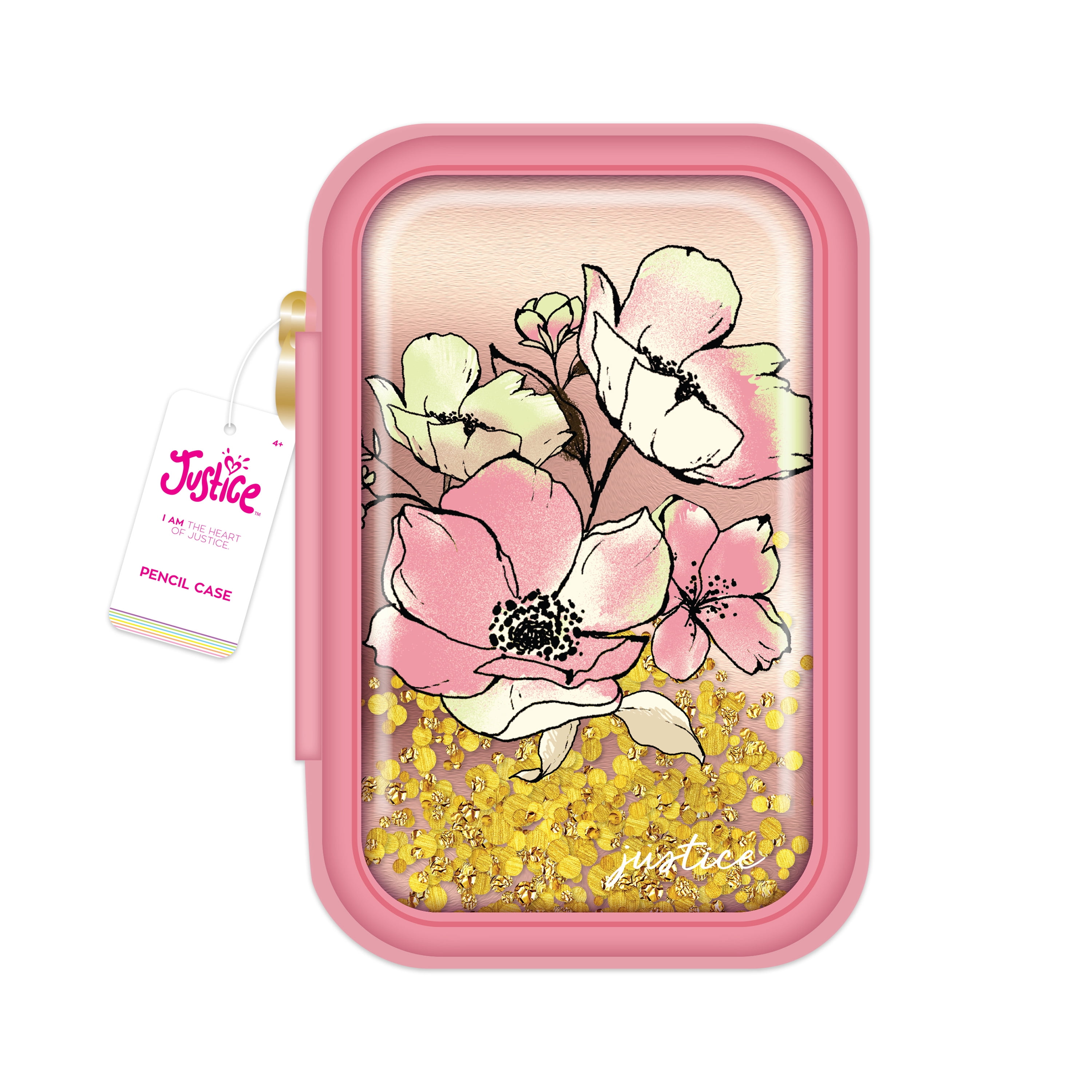 Justice Rose Gold Glitter Pink Flower Zipper Confetti Pencil Case