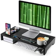 Bamboo Monitor Stand Riser - 23" Black Finished with Storage Organizer for Office Accessories and Desk Laptop Riser or PC Computer Stand for Home or Office by AMADA HOMEFURNISHING-AMB