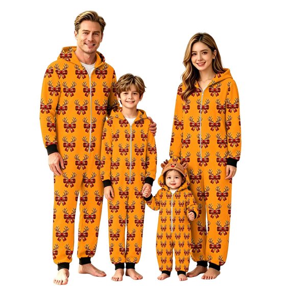Christmas Family Pajamas Sets Hooded Long Sleeve Front Zip Jumpsuit Xmas Print Holiday Lounge Romper Sleepwear (Mom:L, Orange)