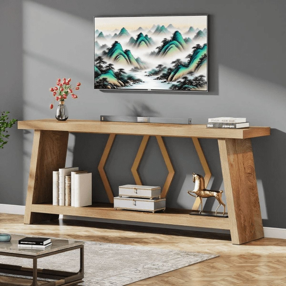 70.86" Extra Long 2-Tier Console Table - 1.97" Thick Engineered Wood, Modern Metal Frame, Sturdy Sofa Table for Living Room, Entryway, Foyer, Behind Couch
