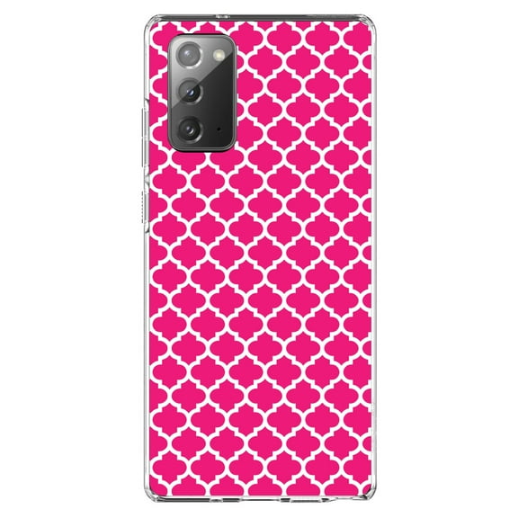 DistinctInk Clear Shockproof Hybrid Case for Samsung Galaxy Note 20 (6.7" Screen) - TPU Bumper, Acrylic Back, Tempered Glass Screen Protector - Hot Pink White Moroccan Lattice