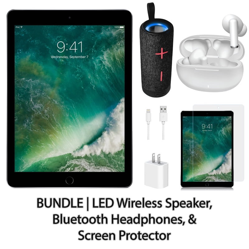 Restored Apple iPad 5 9.7" 128GB Space Gray (Wifi) Bundle: LED Wireless Speaker, Bluetooth Headphones, & Screen Protector (Refurbished)