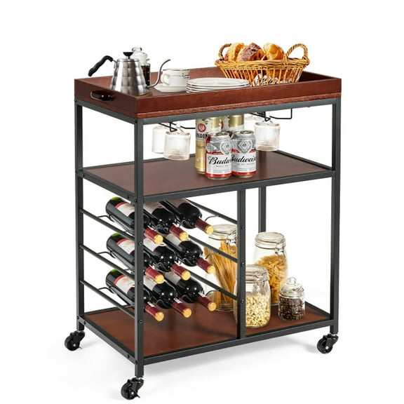 Barara King Kitchen Bakers Rack, Kitchen Microwave Stand, 3 Tiers Storage Bar Serving Cart with Wine Rack