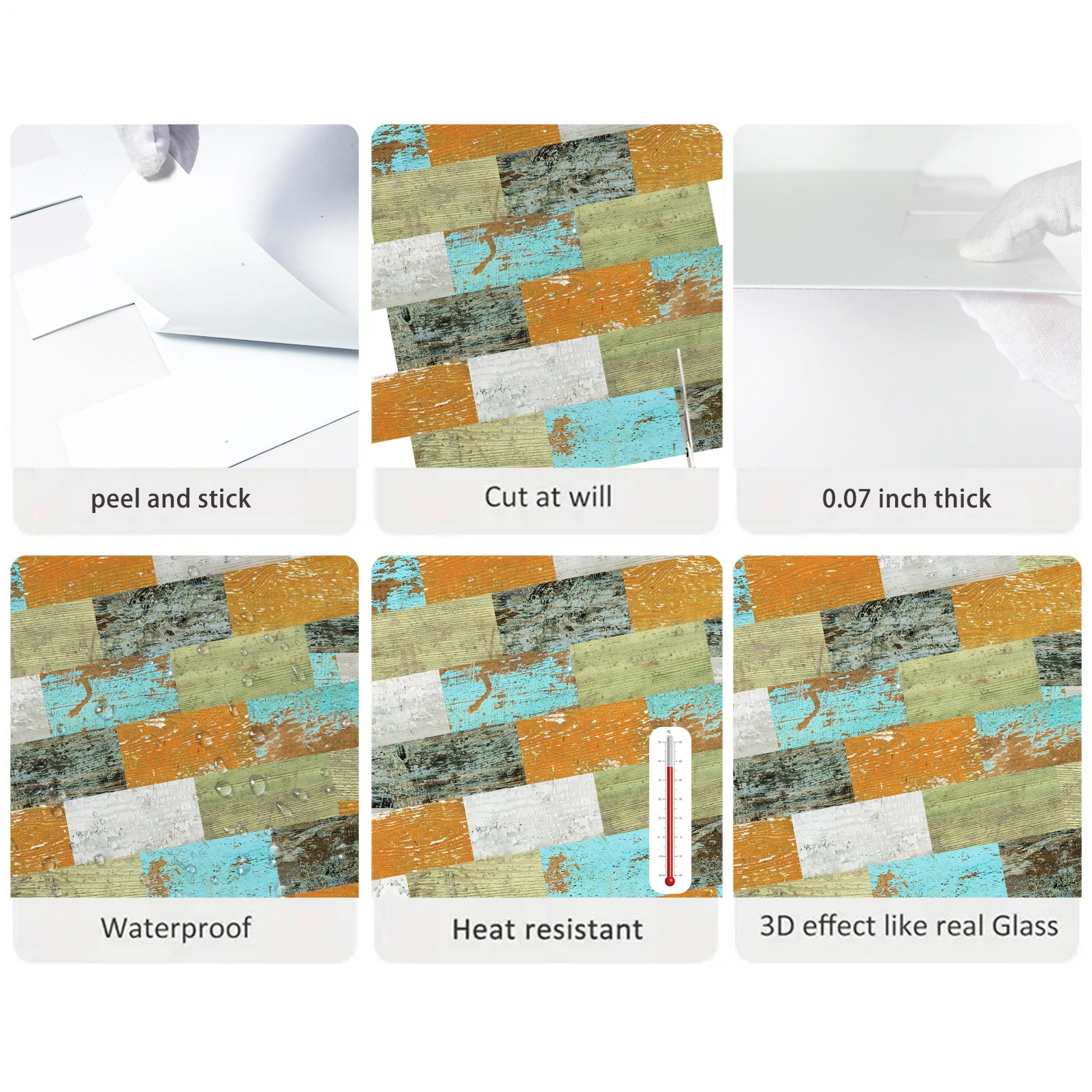 DEWOO 10-Sheet Peel and Stick Backsplash Wall Tile Self Adhesive, Stickon Tile for Kitchen Backplash, Bathroom Vanities, Fireplace Decor, Laundry Table, Stair Decals in Multicolor Woodgrain