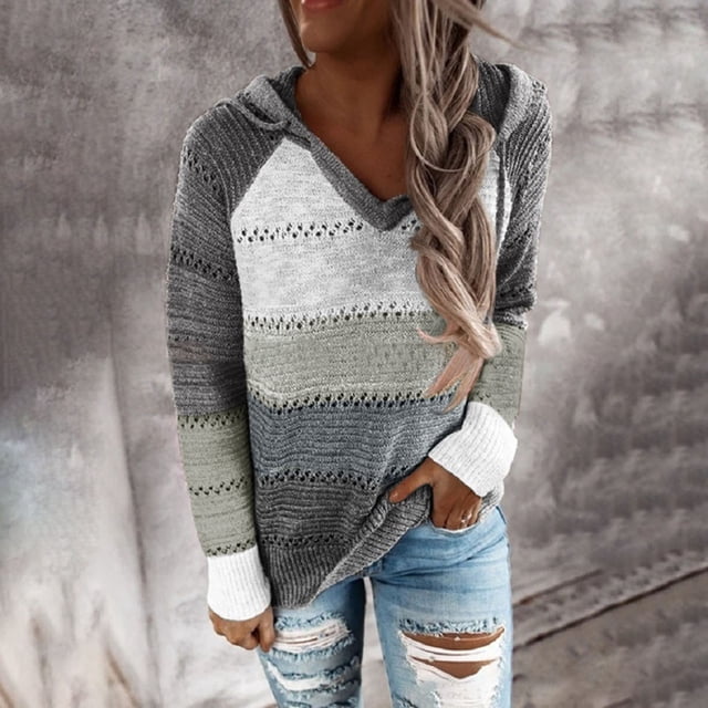 Mode Femmes Décontracté Patchwork Col en V Manches Longues Chandail à Capuche Blouse Tops