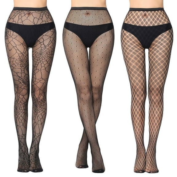 Littleforbig High Waist Fishnet Mesh Net Stockings Jacquard Pantyhose 3 Pairs Set - Black