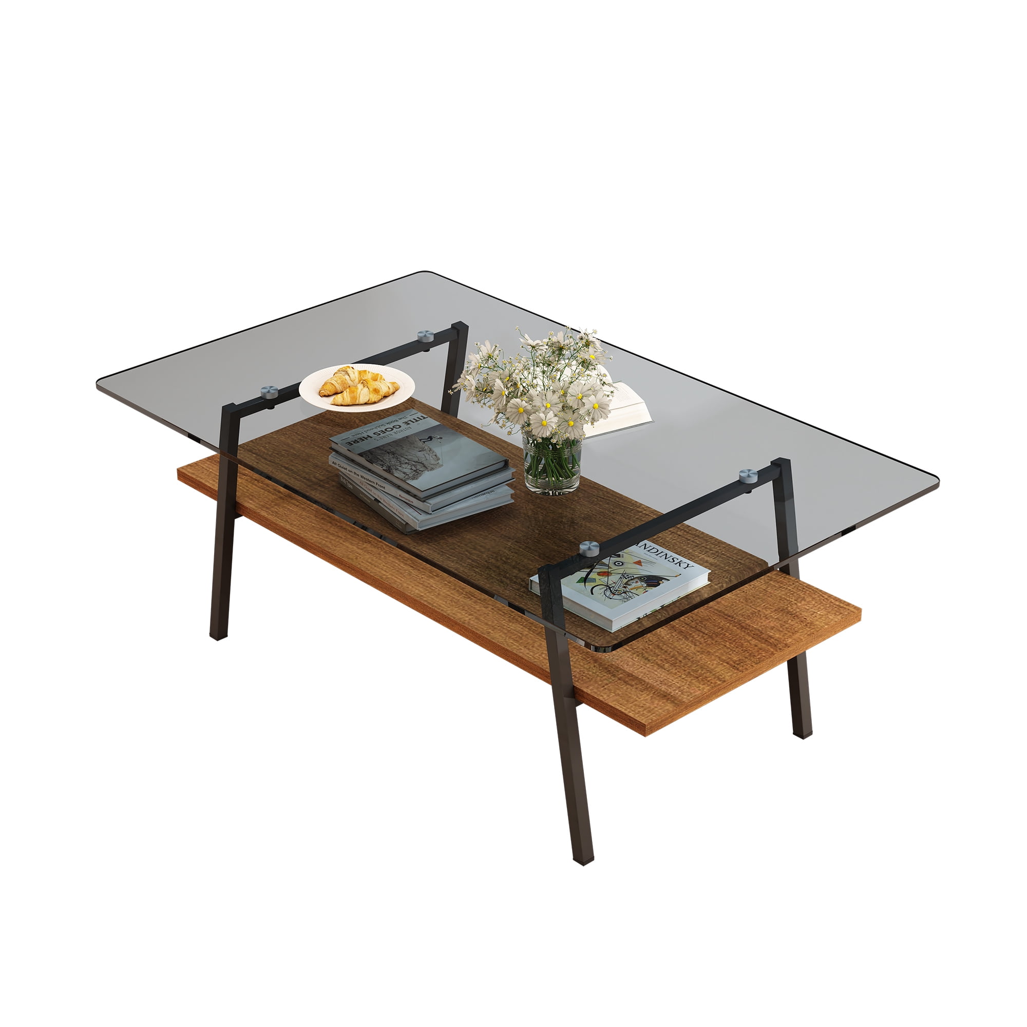 Holaki Glass Coffee Table, Rectangle Tempered Glass Table, 2-Tier Center Table  with Clear Tempered Glass Top Metal Leg, Mordern Home Office Furniture