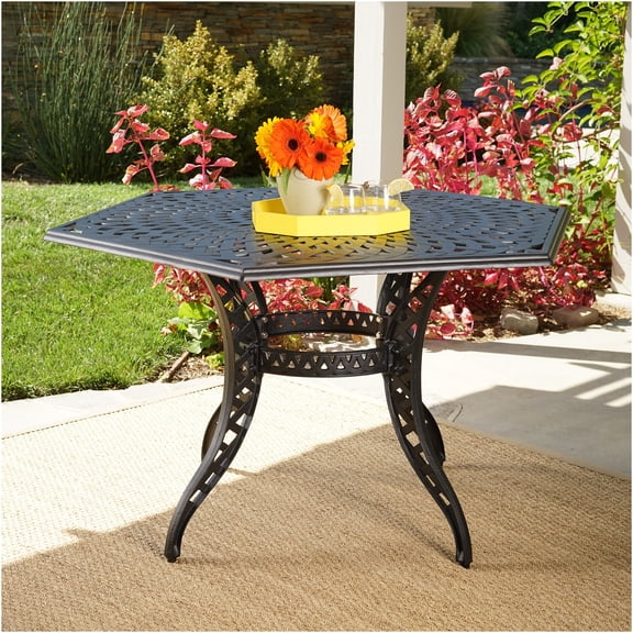 JERFIT 6-Person Outdoor Patio Dining Table with Umbrella Hole, Hexagon Cast Aluminum Mesh Table for Garden, Backyard, Poolside, Black