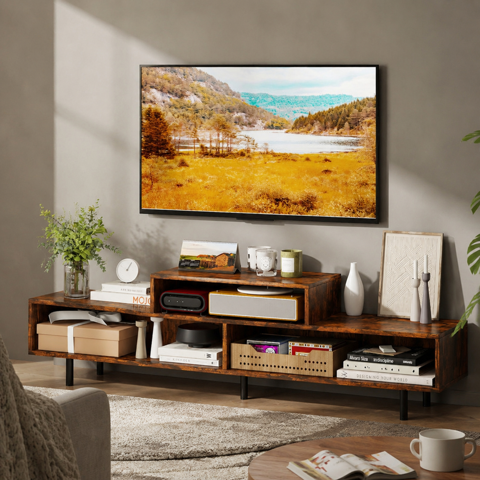 Furnibear 3 Cubby TV Stand for TVs up to 70 Inch with Open Storage Compartments for Living Room Bedroom Media Console Entertainment, Rustic Brown