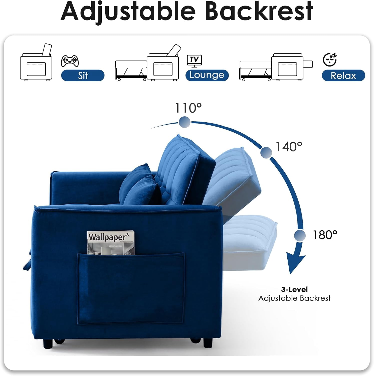 55" 3-in-1 Convertible Loveseat Sleeper Sofa, Velvet, with Pull-Out Bed, Reclining Backrest and Side Pockets, Blue