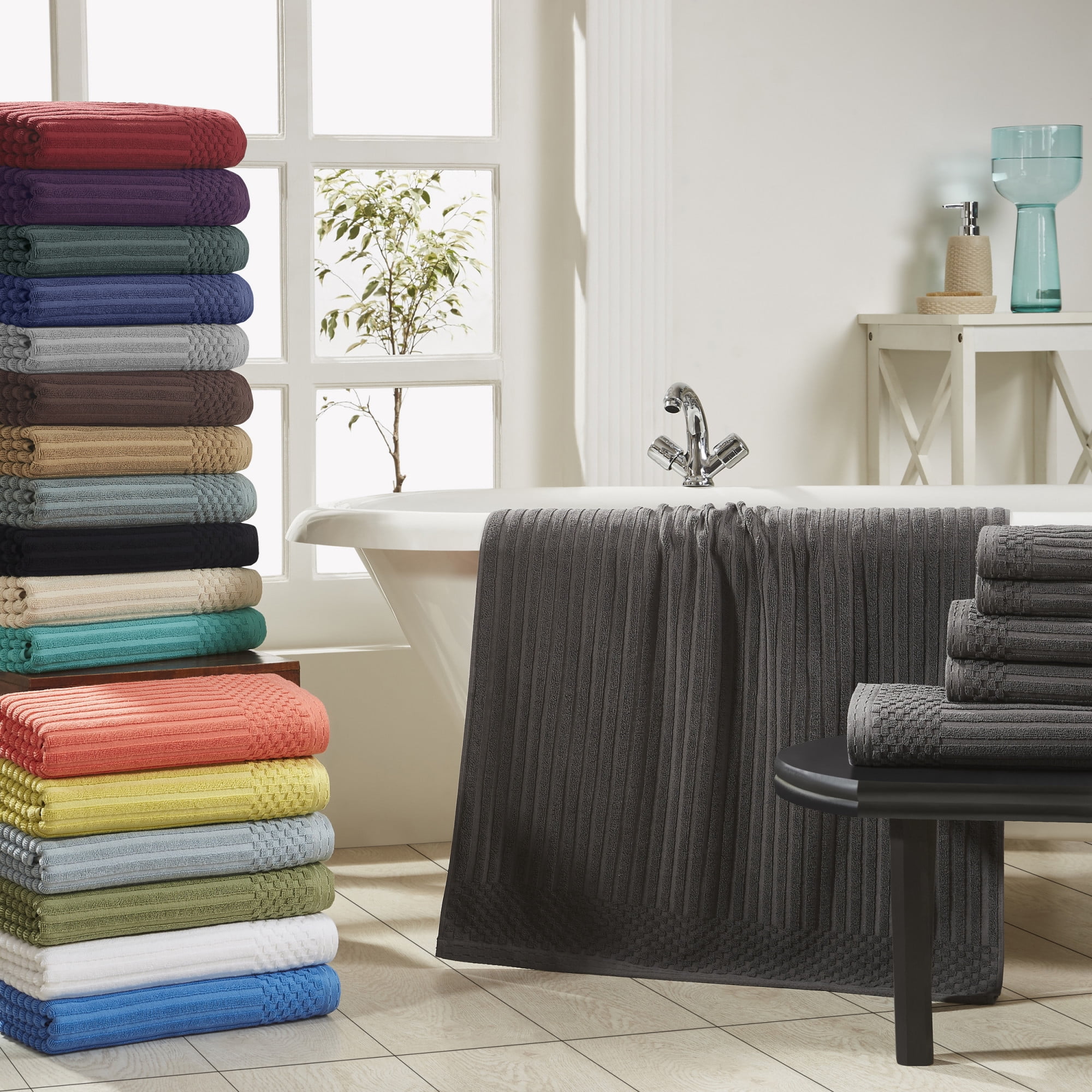 Cotton Highly Absorbent 12-Piece Solid and Checkered Border Towel Set, Silver, by Superior