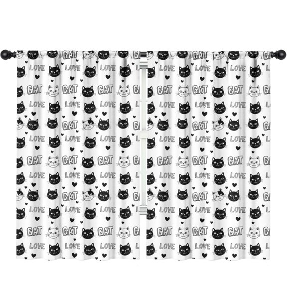 Blackout Kids Curtains,Black and White Cat and Heart Children's Insulated Curtains Set Of 2,Bedroom Essentials,Toddler Room Decor 52"x84"