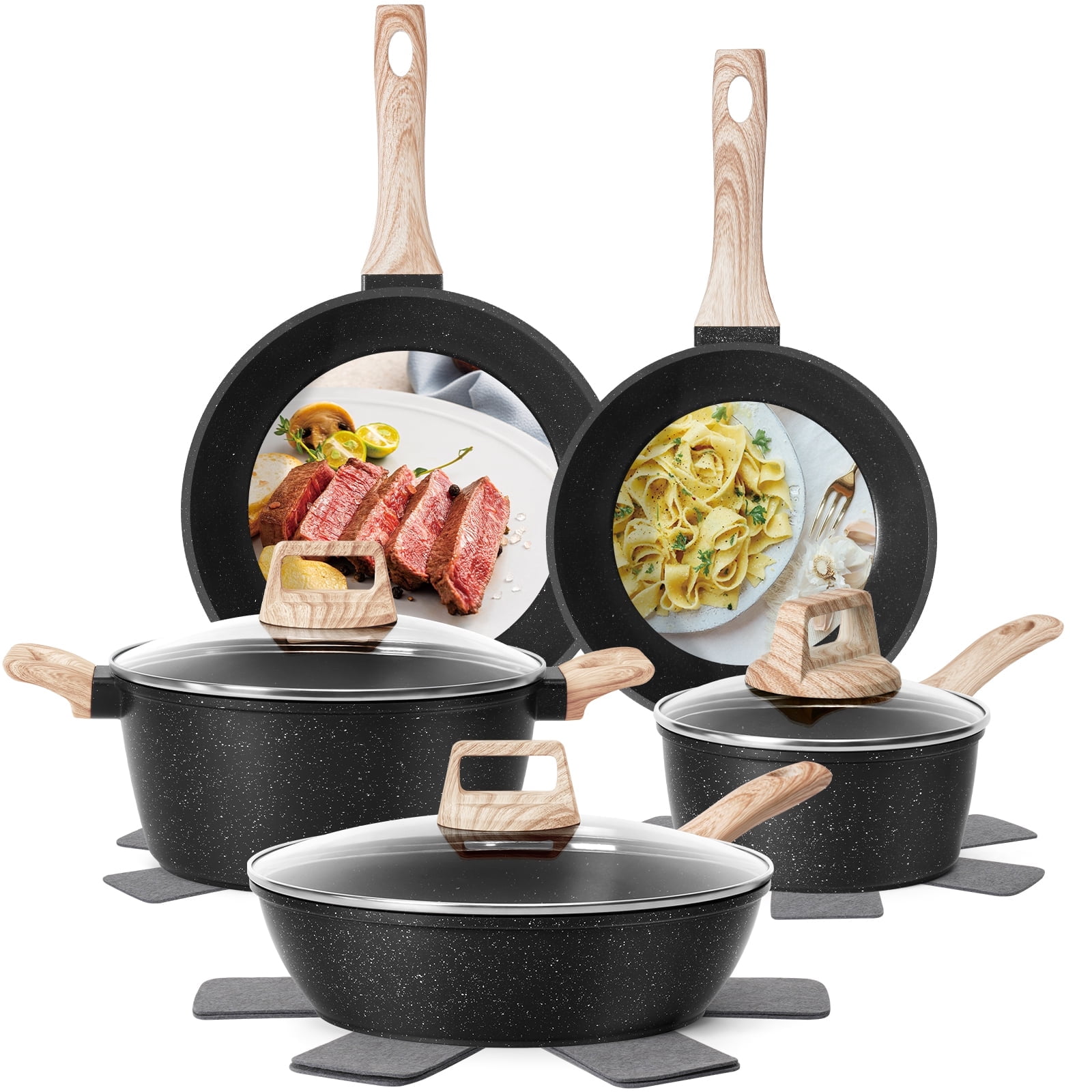 Soday 12 Piece Pots and Pans Set Granite Cookware Nonstick Skillet Frying Pan Kitchen Cooking Set,Black