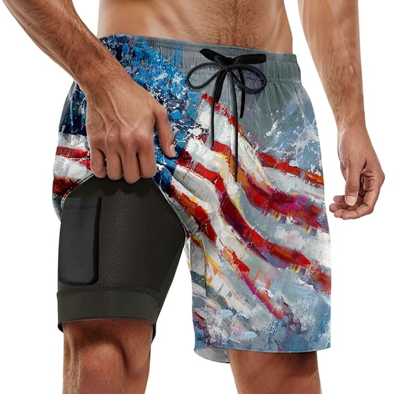Bainana Mens Swim Trunks American Flag 2 In 1 Patriotic Swim Shorts Fourth Of July Lightweight Stretch Beach Travel Bathing Suit