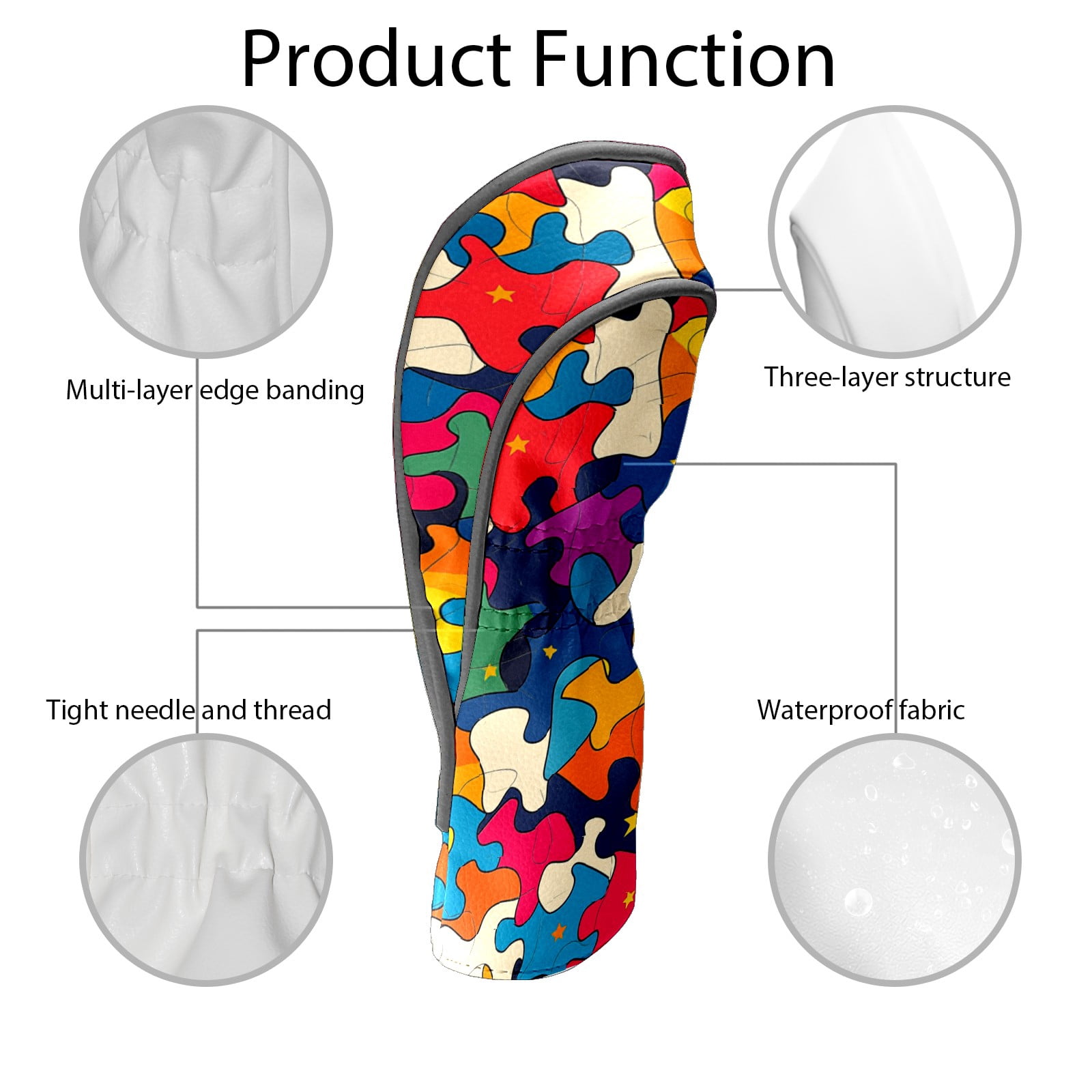Golf Club Head Covers Color Puzzle PU Leather, Waterproof for Fairway Woods Hybrids
