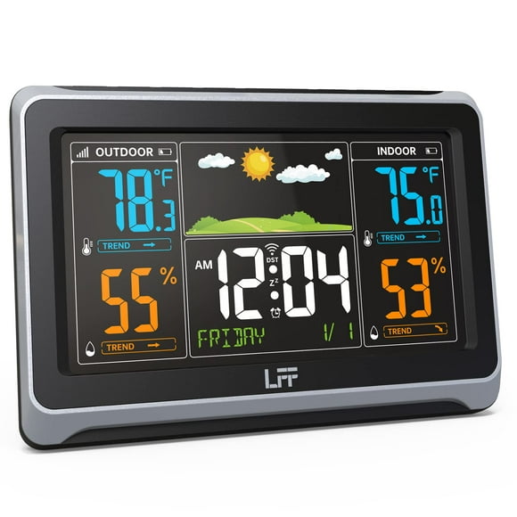 Weather Stations Wireless Indoor Outdoor, LFF Weather Station Indoor Outdoor Thermometer Wireless, Color Display Digital Weather Thermometer with Atomic Clock