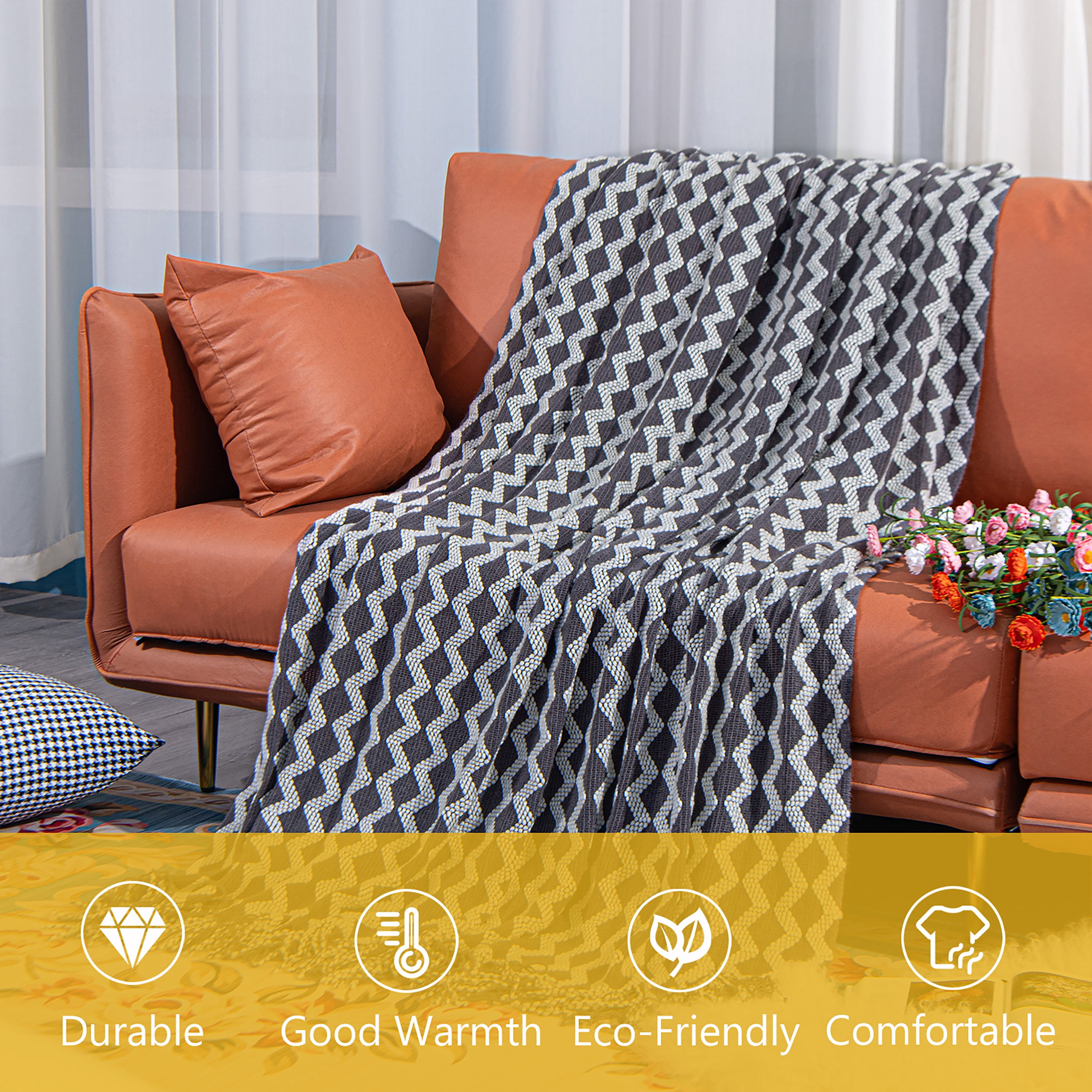 Ntbay Acrylic Knitted Throw Blanket with 7" Tassels, Lightweight and Soft Cozy Decorative Woven Blanket for Travel, Couch, Bed, Sofa, 51" x 67", Gray Wave
