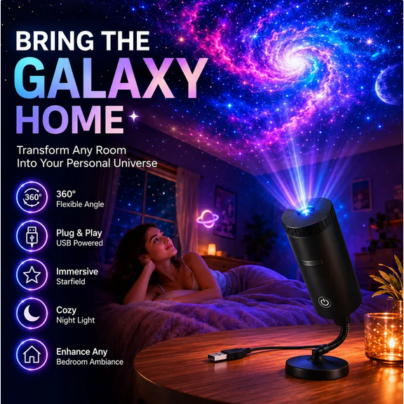 Plug-&-Play HD Christmas&Halloween Projector, 360° Adjustable Angle Christmas Projection Light, Compact USB Projector for Entryway Bedroom Seasonal Decor Galaxy
