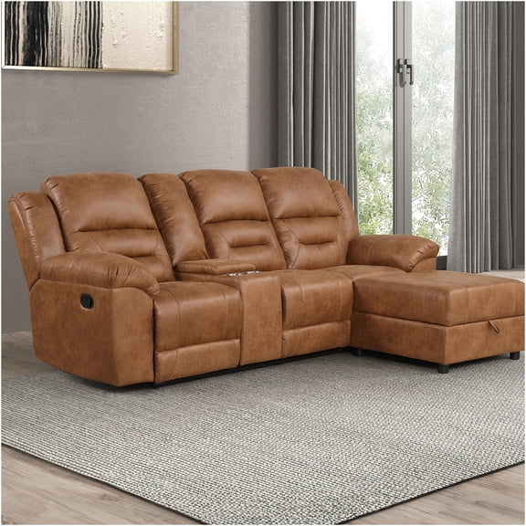 JERFIT Modern Faux Leather Reclining Sectional Sofa with Storage Chaise, Cup Holders and Adjustable Backrest for Living Room