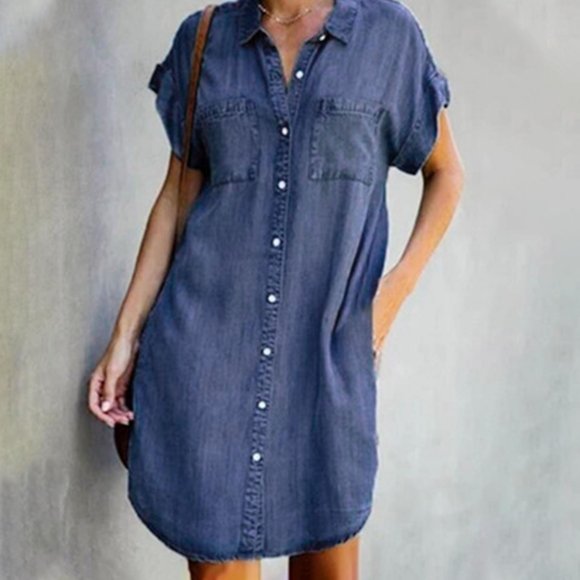 TIMIFIS Women's summer Dress Fashion Short Sleeve Slim Solid Color Imitation Denim Dresses In Many Occasions for Shopping, Work, leisure and Entertainmentisure