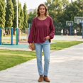 thumbnail image 4 of Women's Solid Color Round Neck Lace Patchwork Blouse, Long Sleeve Hollow Out Casual Shirt, Loose Fit Eyelet Top for Daily Office Holiday Wear 05-Wine L, 4 of 5