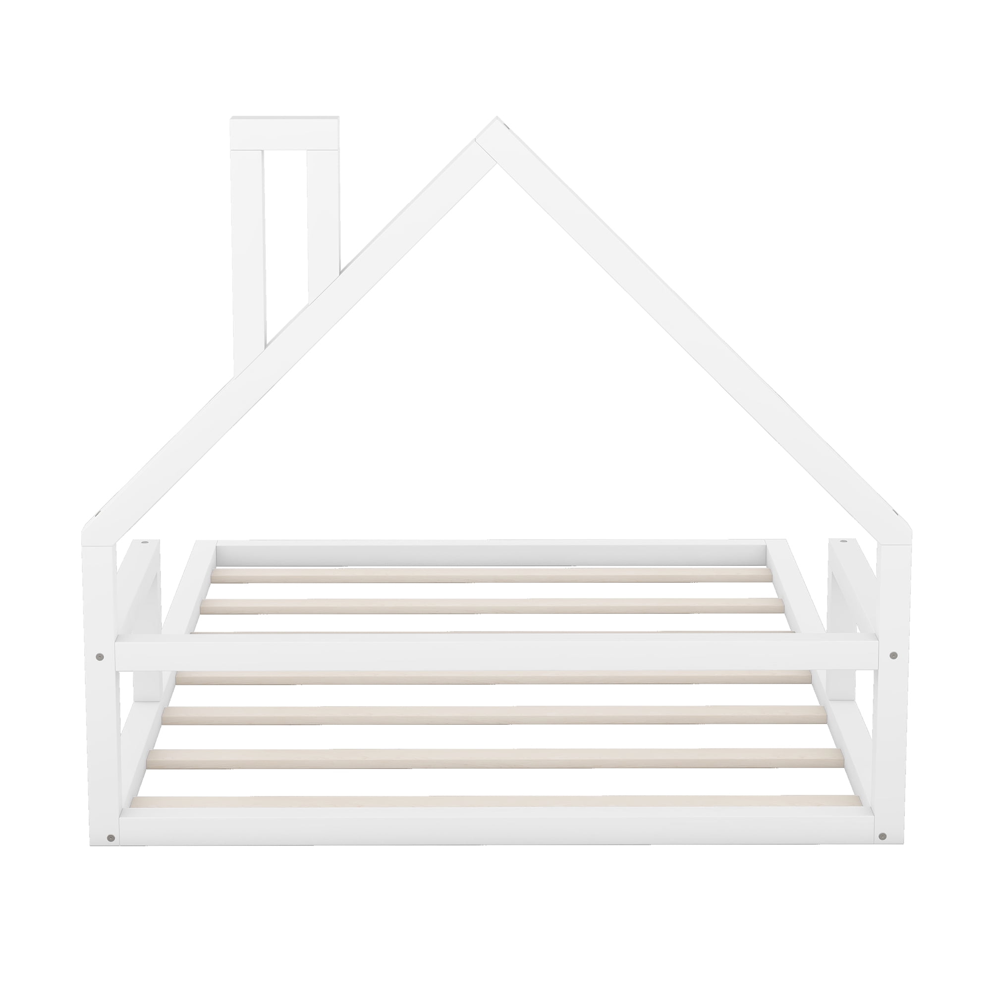Euroco Full Size Wood Floor Bed for Kids Room, White