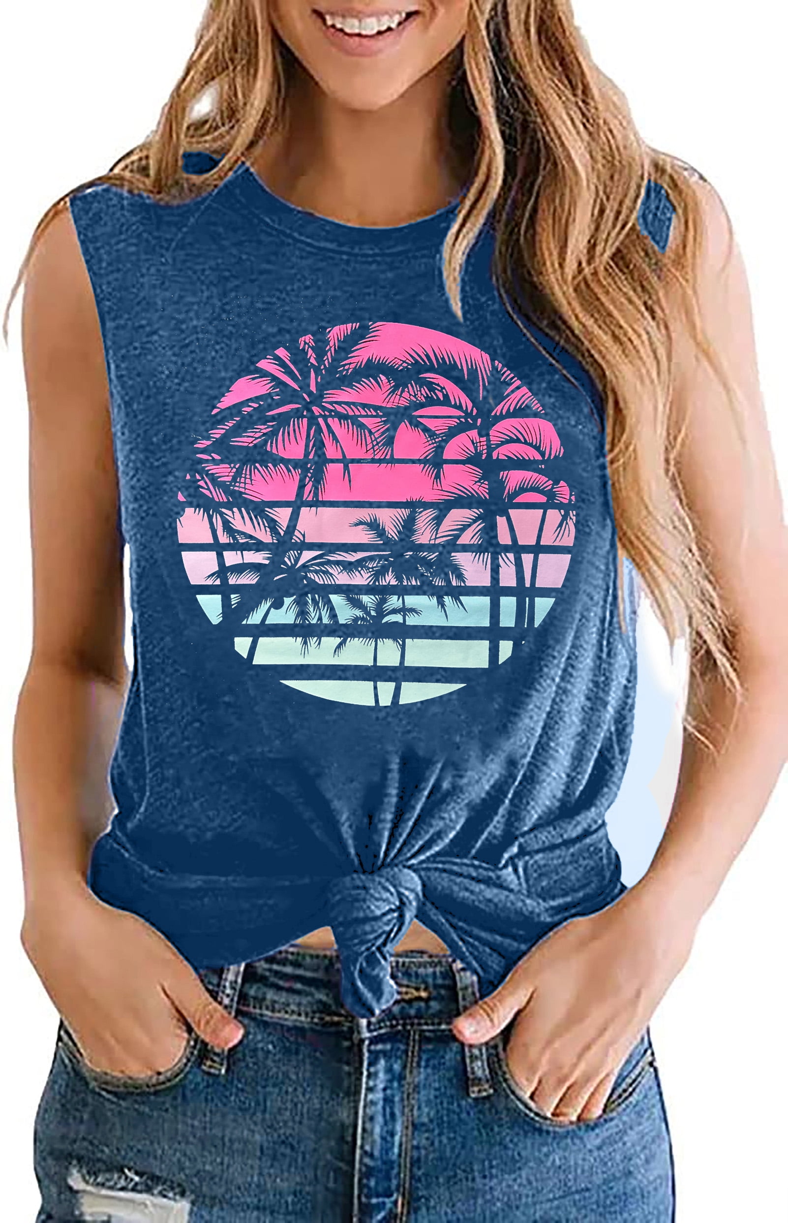 YI XIANG RAN Summer Beach Tank Shirts Women Palm Trees Sunset Beach
