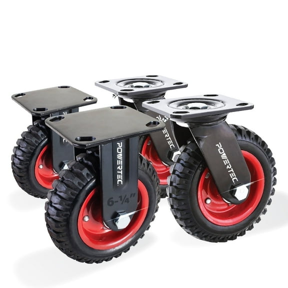 POWERTEC 6-Inch Caster Wheels Set of 4 (2 Swivel & 2 Fixed), Heavy Duty Casters w/Rubber Knobby Tread for Workbench, Dolly, Cart, Trolley, Wagon and Chicken Coop, Large Rubber Castor Wheels (17054V)
