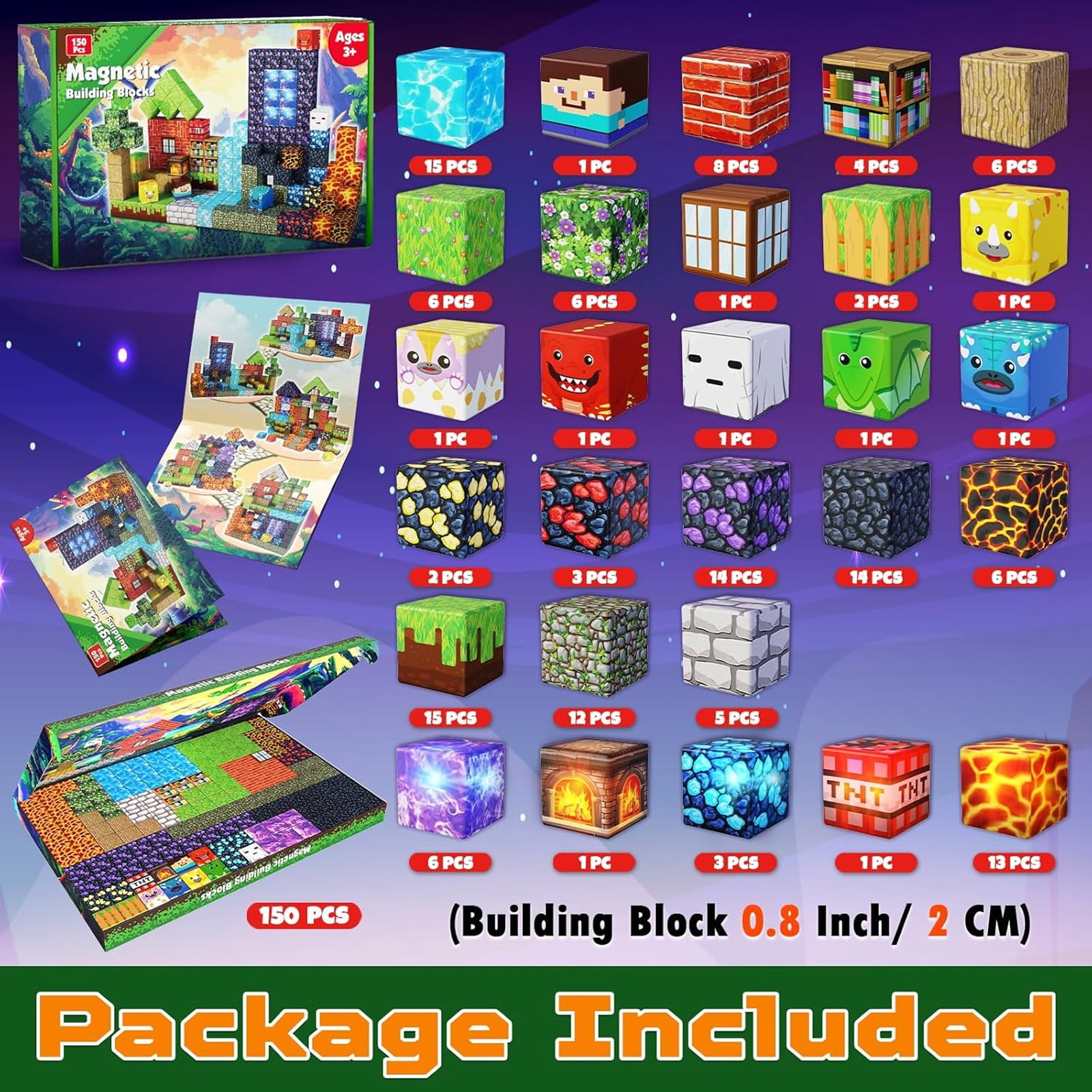 Annexfun 150 Pcs Magnetic Blocks with Light Blocks - Magnetic Building Blocks Cubes, Magnet Tiles Toys for Kids, Birthday Gifts for Boys and Girls Age 3+ Years Old