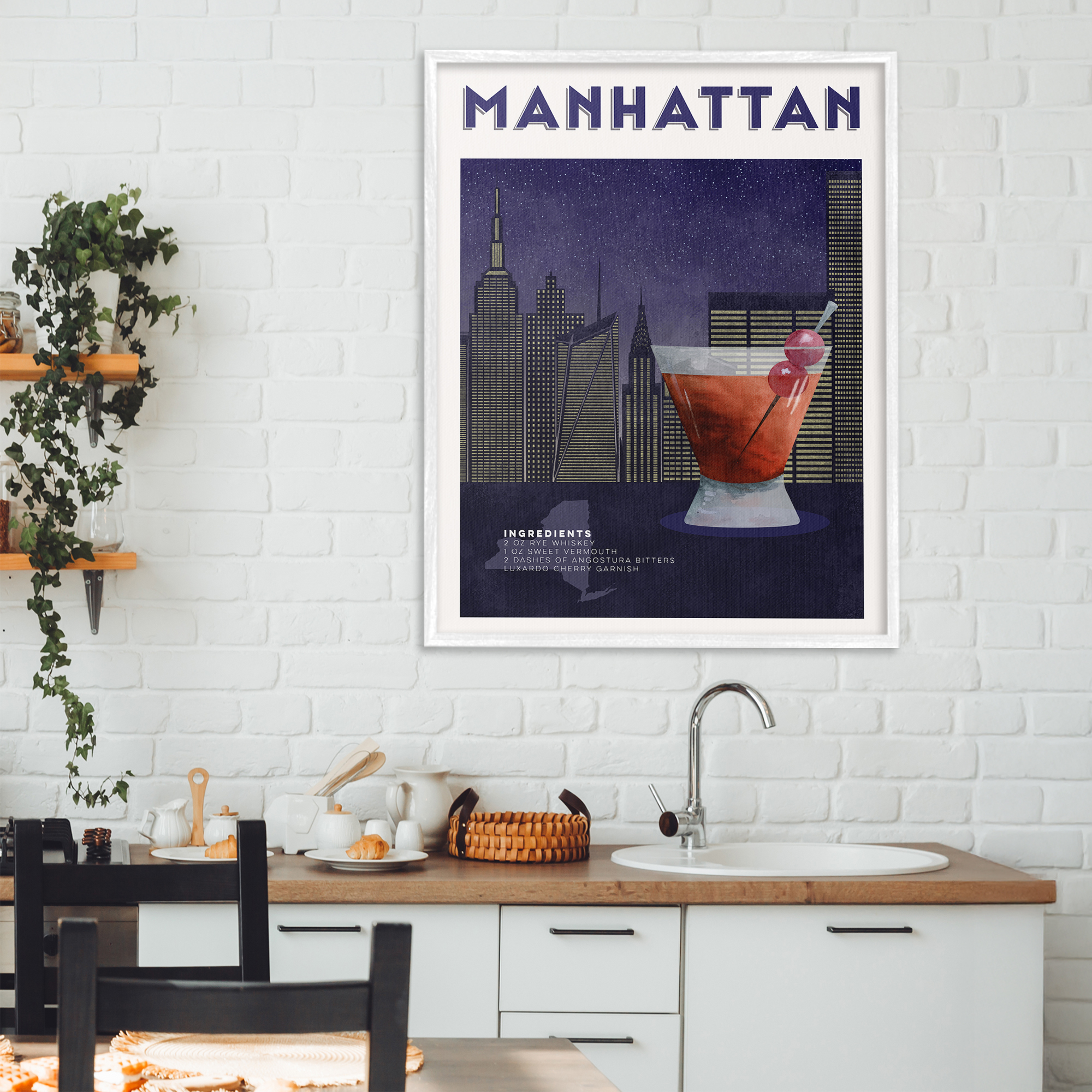 Retro Manhattan Cocktail Cityscape White Framed Giclee Art, design by Brett Blumenthal