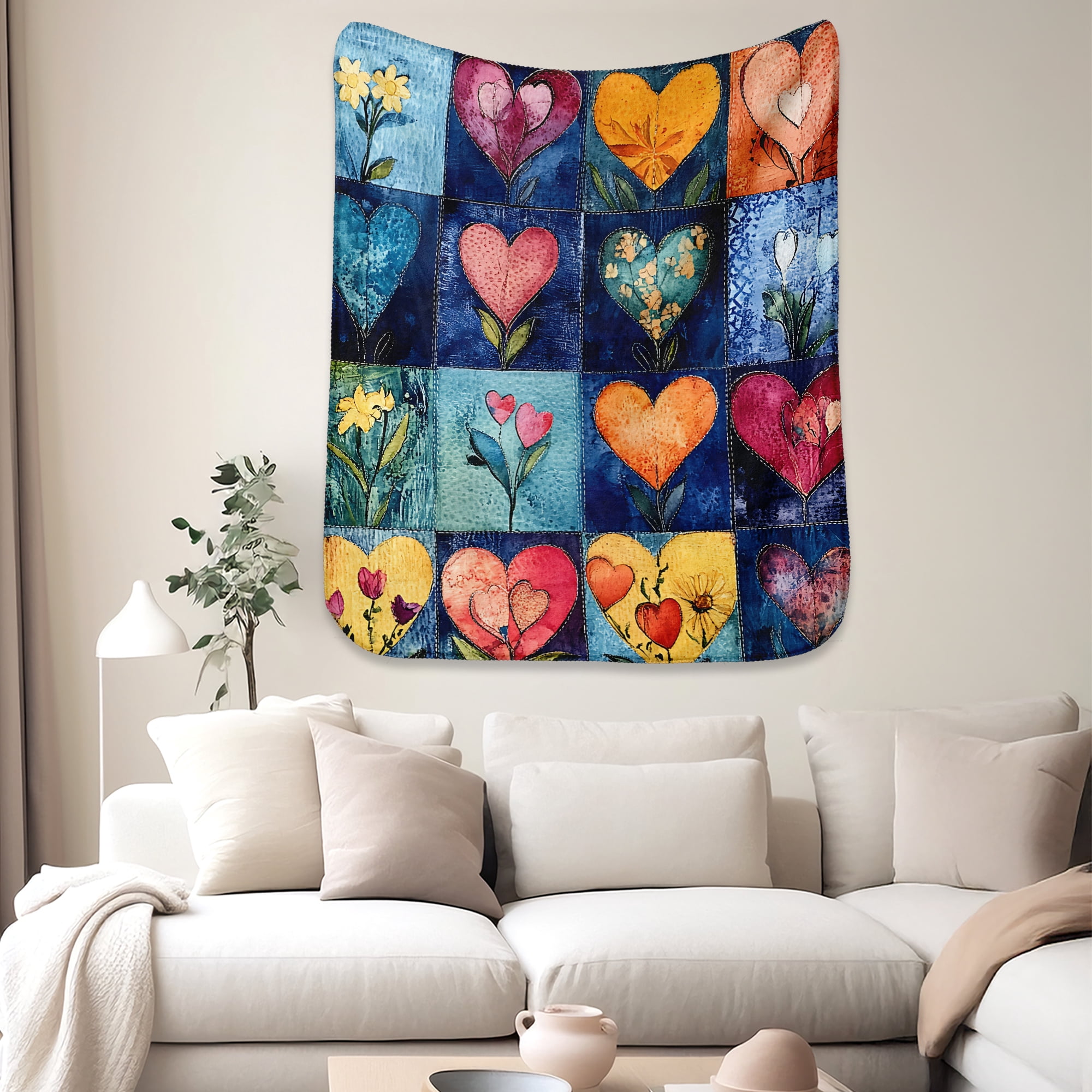 Sherpa Fleece Throw Blanket 40"x 50" Reversible Plush Fluffy Blanket, Double-Layer Super Soft Flannel Blanket for Sofa, Couch, Bed, Patchwork Floral & Heart Pattern